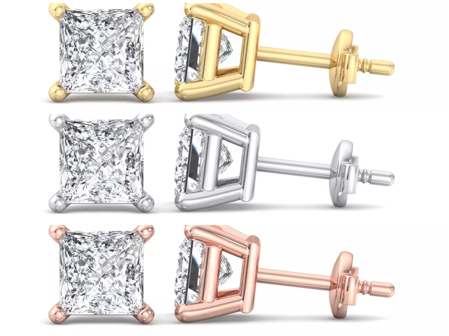 Same lab diamond earrings in different setting metal options: Yellow Gold, White Gold, and Rose Gold