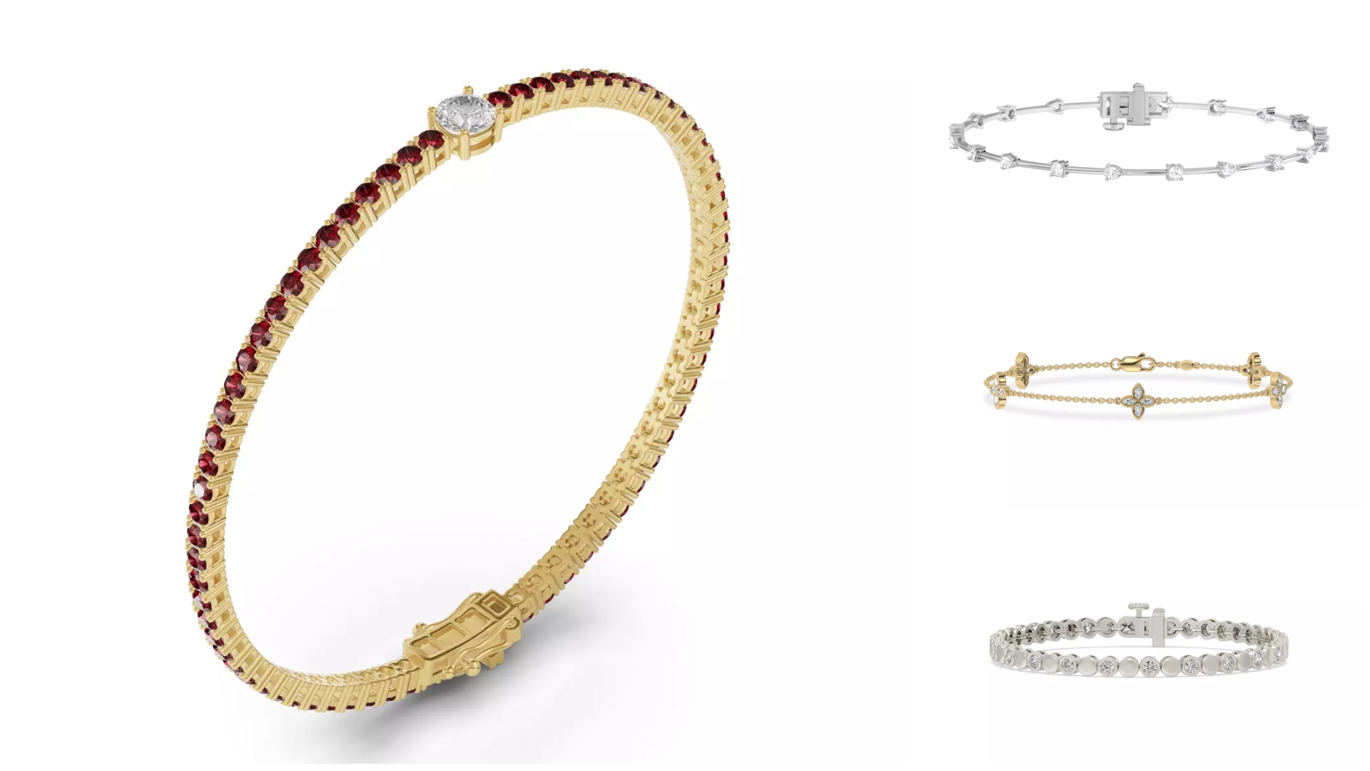 Composite image of lab-grown tennis bracelets from Rare Carat, displayed on a white background