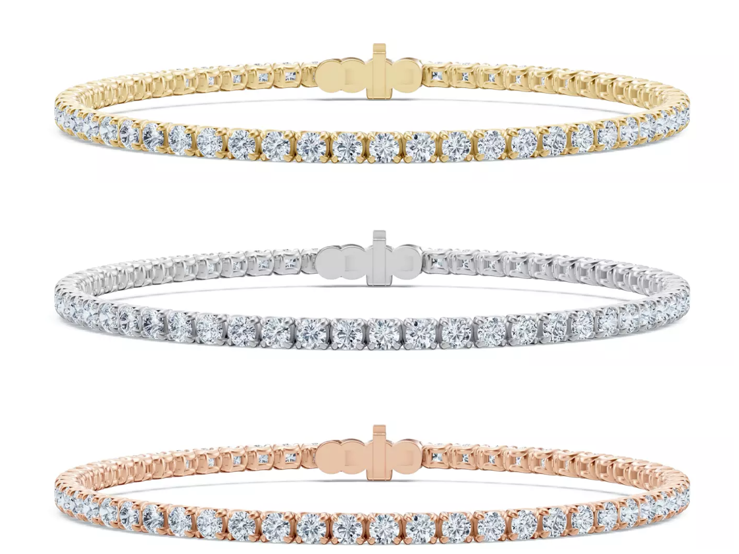 Same lab diamond bracelets in different setting metal options: Yellow Gold, White Gold, and Rose Gold